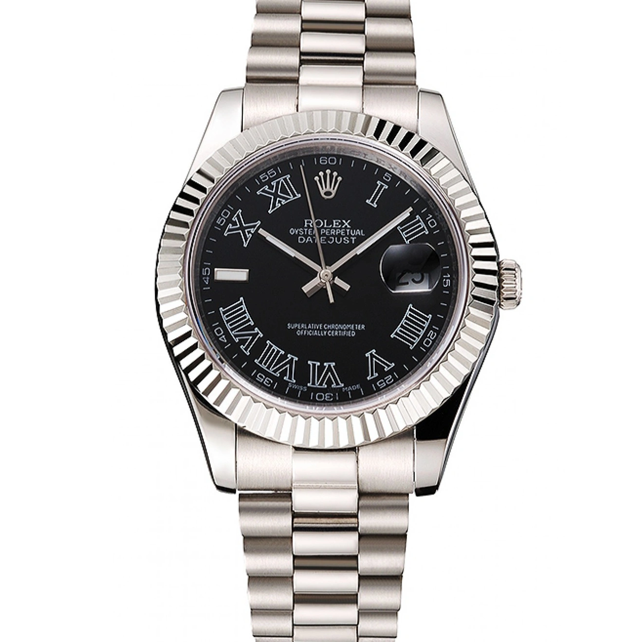 MiroTime 1024 Swiss Rolex Datejust Black Dial Roman Numerals Stainless Steel Case And Bracelet